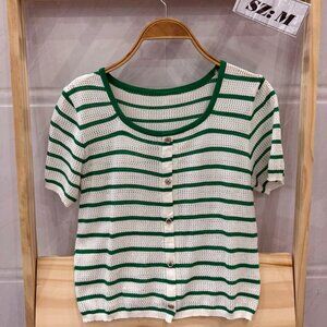 Green White Stripe Crochet Knit Button Down Short Sleeve Top
